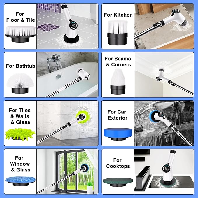 Electric Spin Scrubber, Cordless Cleaning Brush with 8 Replaceable Brush Heads and Adjustable Extension Handle, Power Scrubber Dual Speed Shower Scrubber for Tub, Tile, Floor, Bathroom, Kitchen, Car