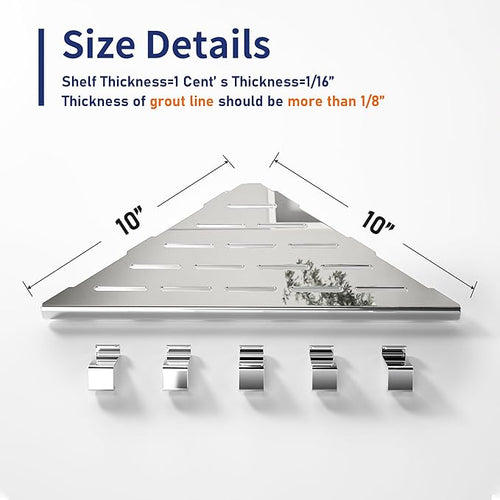10‘’ Corner Shower Shelf, 304 Stainless Steel Shelves for Bathroom, Grout in Shelf with Hooks for Tiled Wall (Polished)