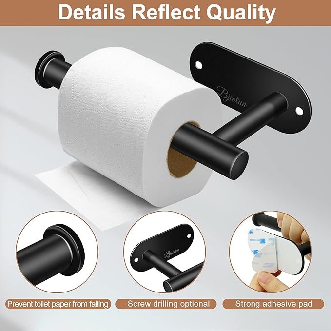 2 Pack Toilet Paper Holder - Bjiotun Black Toilet Paper Holder Wall Mount for Bathroom Storage, Stainless Steel Paper Towel Holder - Strong Adhesion & Screws