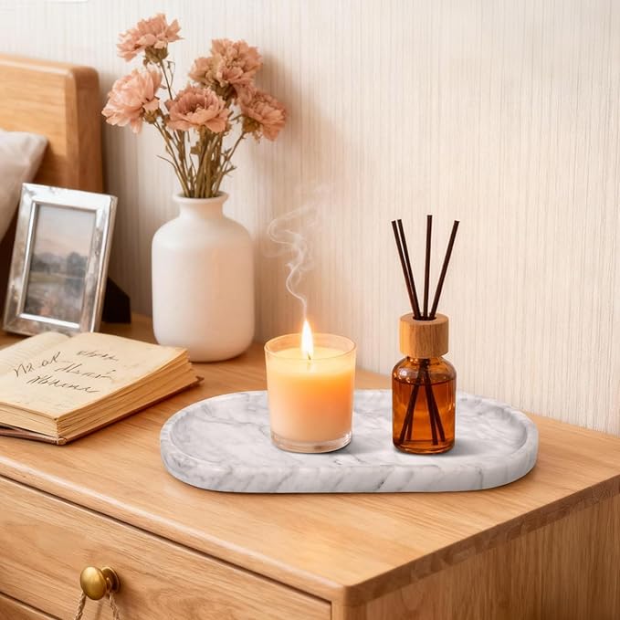 YKAJO Marble Tray 11.6"x5.9" White Gray Vanity Decorative for Countertop Catchall for Perfume Candles Jewelry Dish Perfume Trays for Vanity Bathroom Decorative Tray for Kitchen Counter