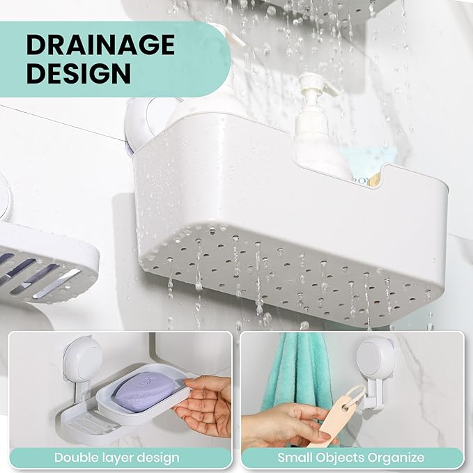 Shower Caddy, Organizer Removable Bathroom Shelf, 6 Pack Adhesive Organizers and Storage with No Drilling Hanging Shower Shelf, Removable Plastic Bathroom Accessories, White