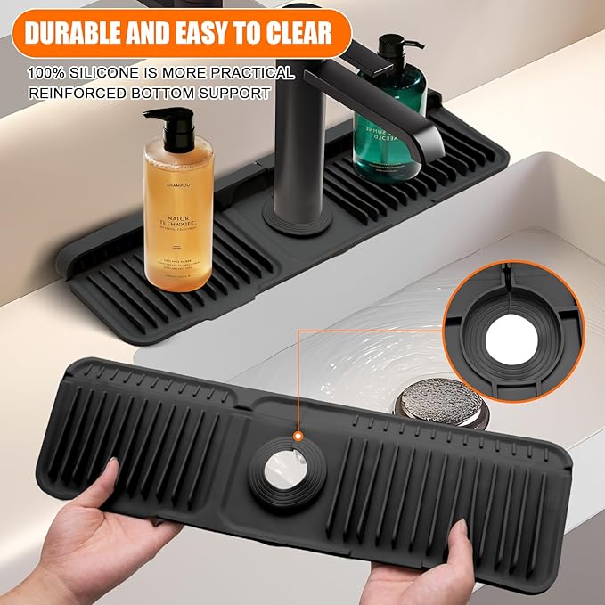24" Black Longer Silicone Faucet Mat – Quick-Dry Button Style Drip Catcher 6° Slope Splash Guard | Easy-to-Use Behind Faucet Drain Mat for Kitchen & Bathroom Countertops