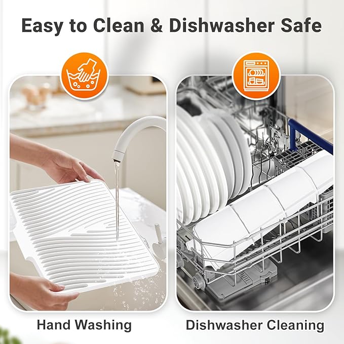 Silicone Dish Drying Mat for Kitchen Counter, Dish Drying Pad, Non-Slip Drain Pad with Built-in Drain, Heat Resistant Stone Drying Mat, Ivory-19.7" x 17"