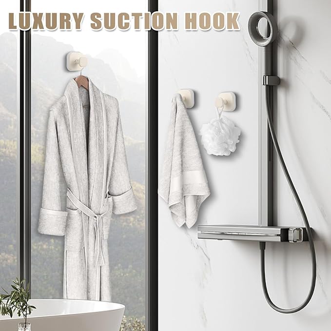 No-Drill Reusable Suction Cup Hooks, Towel, Robe, Loofah, Coat Hook for Glass, Mirror, Tile, Shower, Bathroom, Kitchen & Metal (Smooth, Non-Porous Surfaces) (4, Milk White)