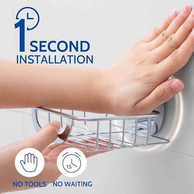 Soap Dish Soap Bar Holder Suction Cup with 4 Hooks, Stainless Steel Soap Saver Tray for Shower Wall, Bathroom, Kitchen, Rustproof No Drilling Bar Soap Holder, Silver