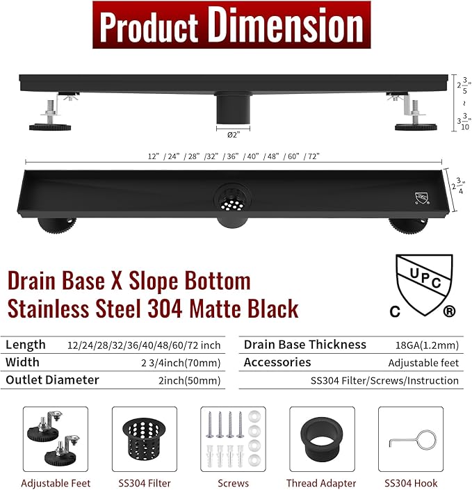 24 Inch Linear Shower Drain, Matte Black Shower Drain, Removable Grate, 304 Stainless Steel, Easy to Install and Clean for Bathrooms (Drain Base Not Included), LSD-30A-24B