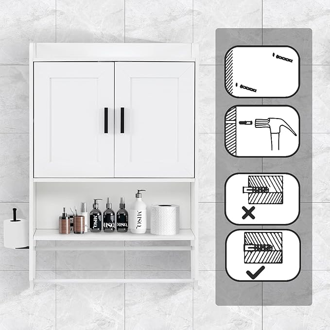 apexnova Bathroom Wall Cabinet, Wooden Medicine Cabinet Over The Toilet with Adjustable Inner Shelf, Wall Mounted Cabinet with Doors for Bathroom Storage, Hanging Cabinet for Wall with Towels Bar