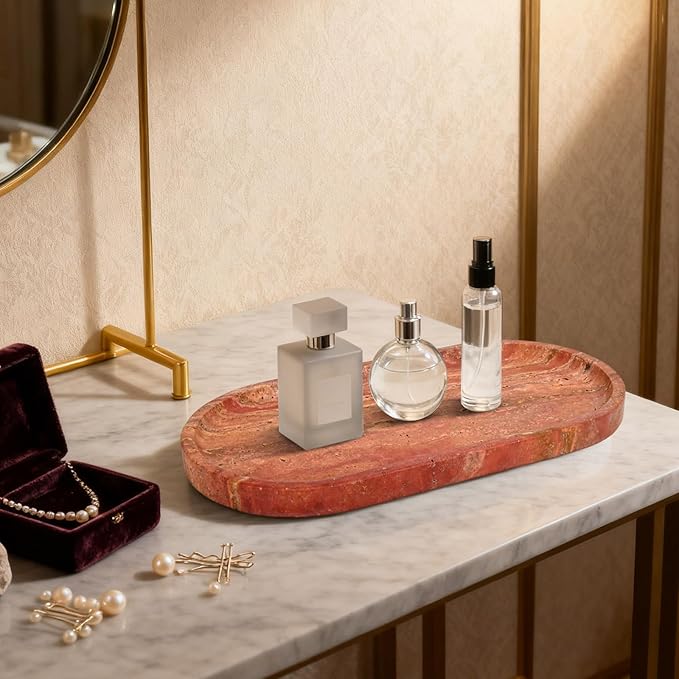 YKAJO Natural Red Limestone Tray 11.6"x5.9" - Stone Catchall Tray, Decorative Vanity & Bathroom Organizer for Jewelry, Perfume, Entryway, Kitchen Counter Decor