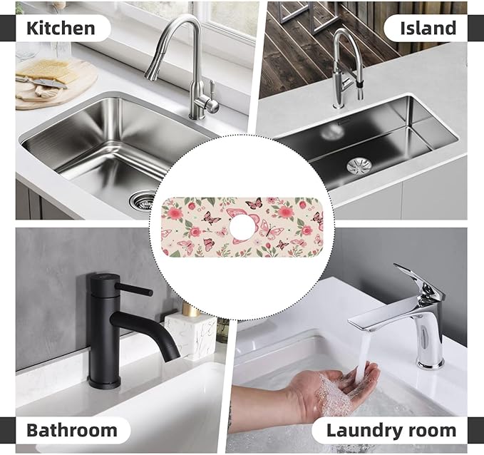 Butterfly Floral 15" X 5.5" Kitchen Sink Splash Guard, Faucet Guard Draining Mat, Faucet Suction Pad For Kitchen Bathroom