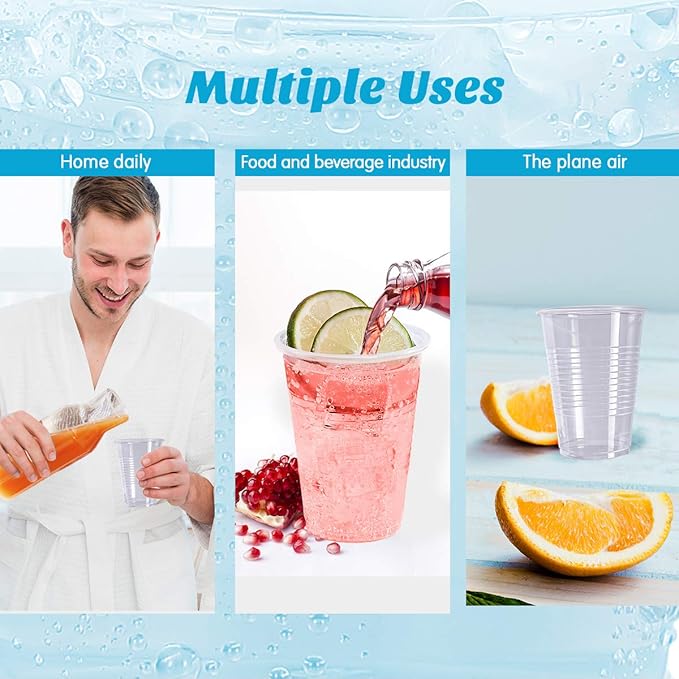 Turbo Bee 300 Pack 9oz Clear Plastic Cups，Disposable Mouthwash Cups, Ideal for Whiskey, Drinking Tasting, Food Samples