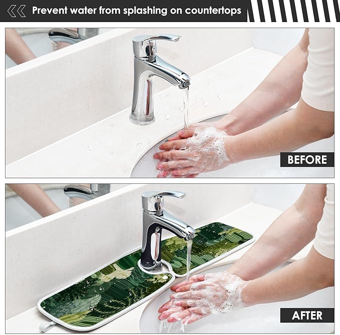 2 PCS Kitchen Sink Splash Guard 30 Inch Faucet Mat for Kitchen Sink Bathroom Sink Faucet Absorbing Drip Drain Mat Pad Microfiber Soft Washable Dark Green Cactus Plants