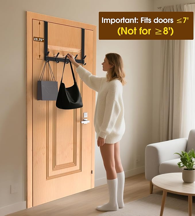 Long Over The Door Hooks Hanger with 15.75" Arms for for Easier Access by Shorter, J16U, Perfectly Fits US Standard 1 3/4-inch Doors, Towel Rack Bathroom Organizer Holder, Black