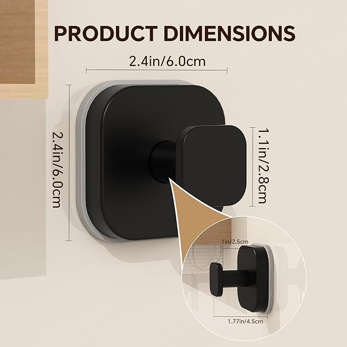 2Pack Suction Cup Hooks for Shower, Bathroom, Kitchen, Glass Door, Mirror, Tile, Matte Black