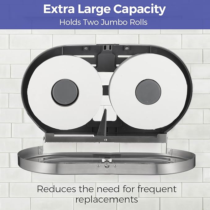 Stainless Steel Twin Jumbo Toilet Paper Dispenser Wall Mount, 9" Commercial Double Roll Holder, Industrial Tissue Dispenser with Key Lock, Satin Finish