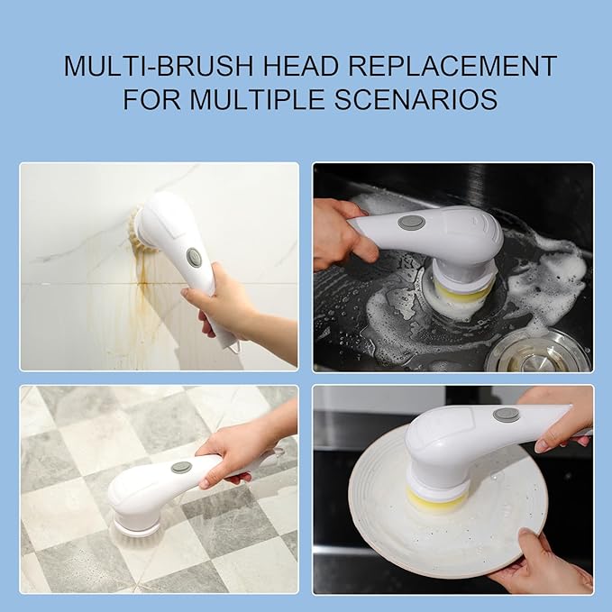 Generic Electric Rechargeable Cleaning Tools Electric Cleaning Brush for Bathroom Electric Cleaner with 5 Replaceable Shower Cleaning Brush Heads for Wall, Tile, Bathtub, Window, White