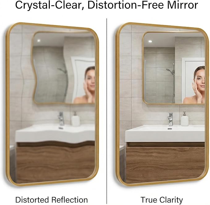 2 Pack Bathroom Mirrors for Over Sink, 22"x30" Gold Framed Vanity Mirror, Rounded Corner Rectangular Metal Mirror for Wall, Mid Century Modern Decor
