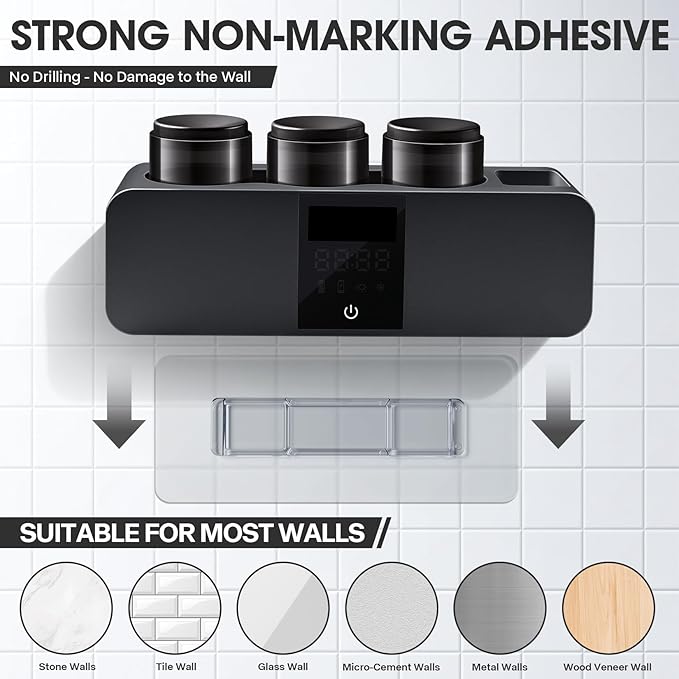 Wall-Mounted Smart Toothbrush Holder with Drying Function,Washroom Toothbrush Clean Holder No Drilling Required, with 3 Cups for Family (Black)