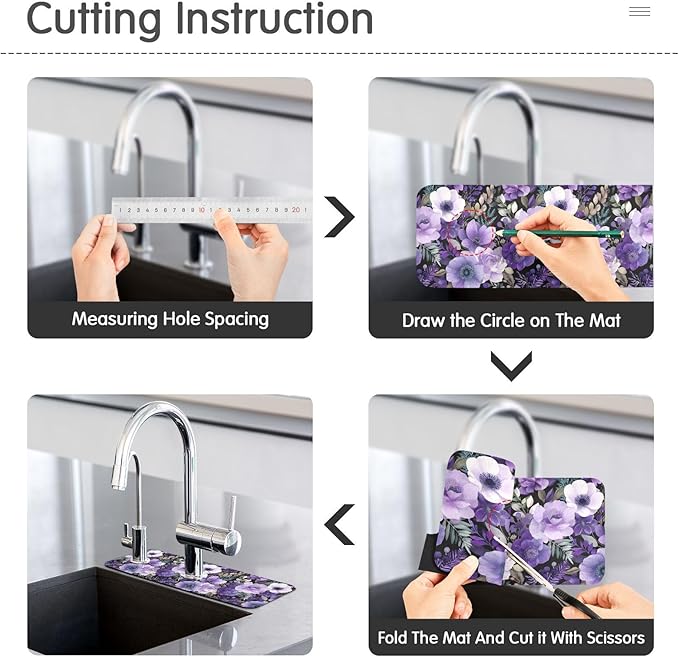 Purple Black Lotus Flower Kitchen Sink Splash Guard Sink Faucet Mat Faucet Handle Drip Catcher Drain Mats for Kitchen Bathroom Countertop Absorbent Dish Drying Pad 2Pack 30x5.4IN