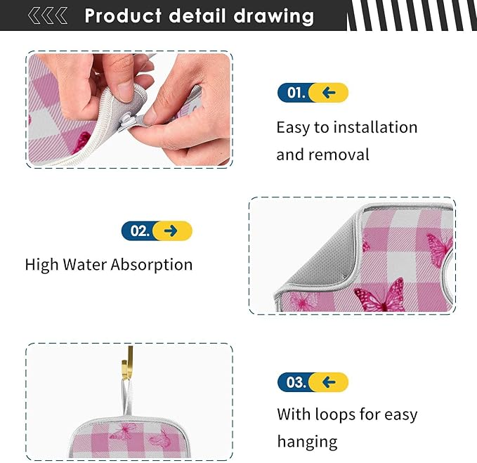 Sink Faucet Absorbing Mat Kitchen Sink Splash Guard Splash Faucet Drip Catcher for Bar RV Bathroom 2PCS 30x5.5in Checkered Pink and White Butterflies