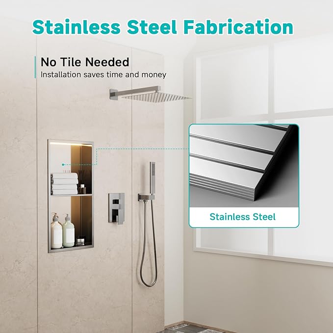 Stainless Steel LED Lights Shower Niche 12"x24" - No Tile Needed Double Shelves Recessed Wall Niche for Bathroom Storage, Brushed