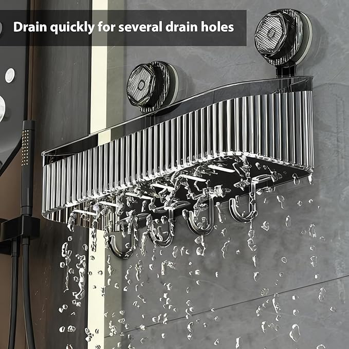 3 Pack Suction Cup Shower Caddy, Black Shower Shelves No Drilling with Movable Hooks & Toothbrush Holder, Wall Storage Shelves for Bathroom, Kitchen