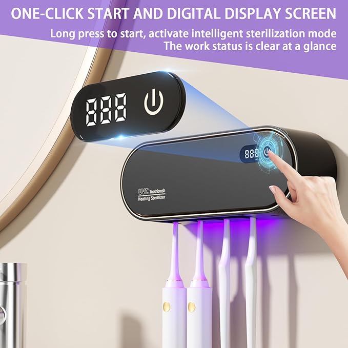 Toothbrush Holders for Bathrooms,Electric Toothbrush Holder with 24-Hour Smart Cycle Cleaning and hot air Drying, LED Display, Rechargeable Wall Mounted Tooth Brushing Holder (Black)
