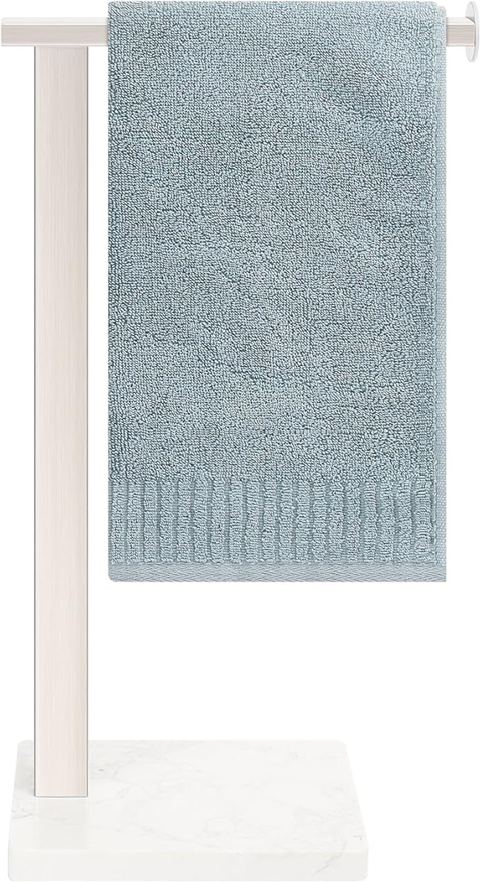 HarJue Hand Towel Holder Stand, 14.5" Hand Towel Rack with Weighted Marble Base, 304 Stainless Steel L-Shape Standing Towel Bar for Vanity Bathroom Kitchen Countertop (Brushed Nickel)