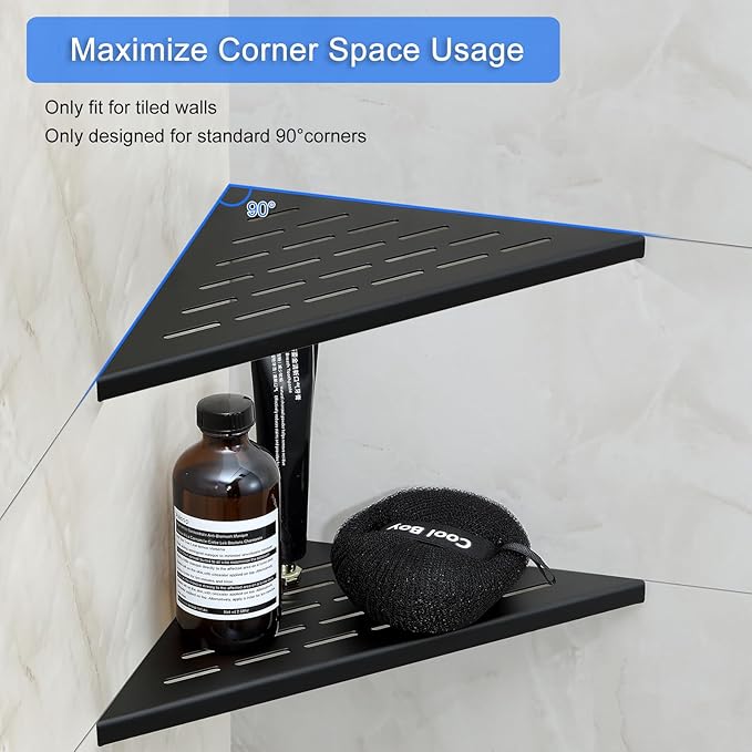 MENATT 10" No Drilling Corner Shower Shelf (2-Pack) – Recessed Stainless Steel Shower Caddy for Tiled Walls, 304 Steel Bathroom Shelves, Wall Mounted Triangular Organizer(Matte Black)