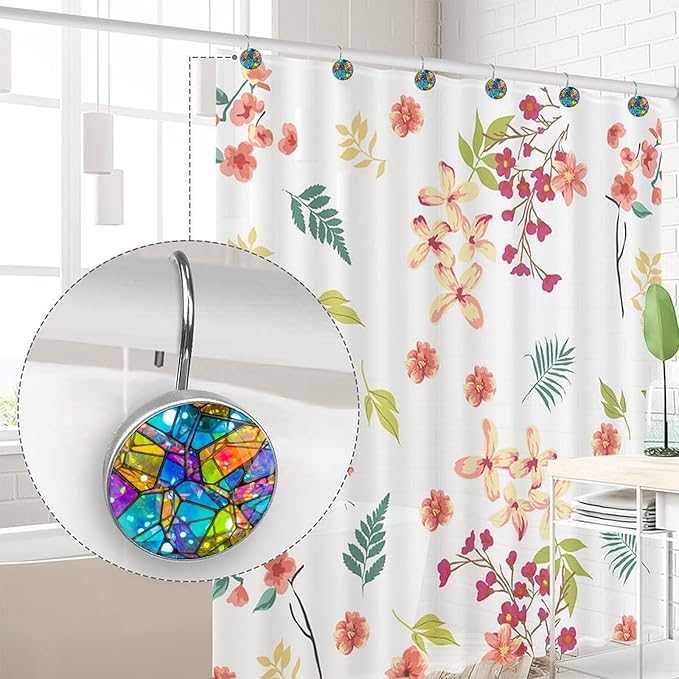 Shower Curtain Hooks,12 Pcs Irregular Color Pattern Rust Proof Glass Surface Stainless Steel Curtain Rings for Bathroom Bedroom Living Room Kitchen Home Shower Rods Decor