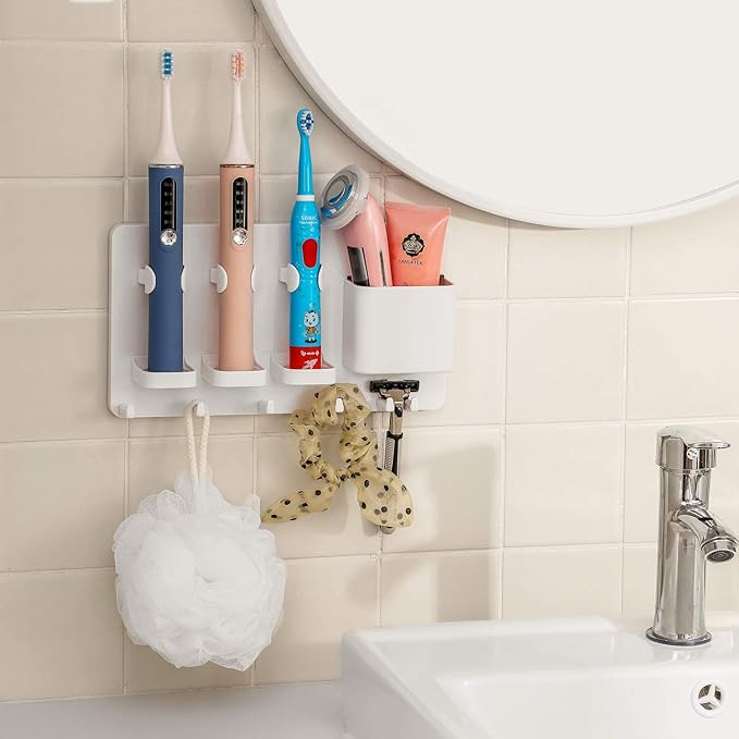 simpletome Adhesive Electric Toothbrush Holder Wall Mounted Razor Hanger Bathroom Organizer Box ABS (White)