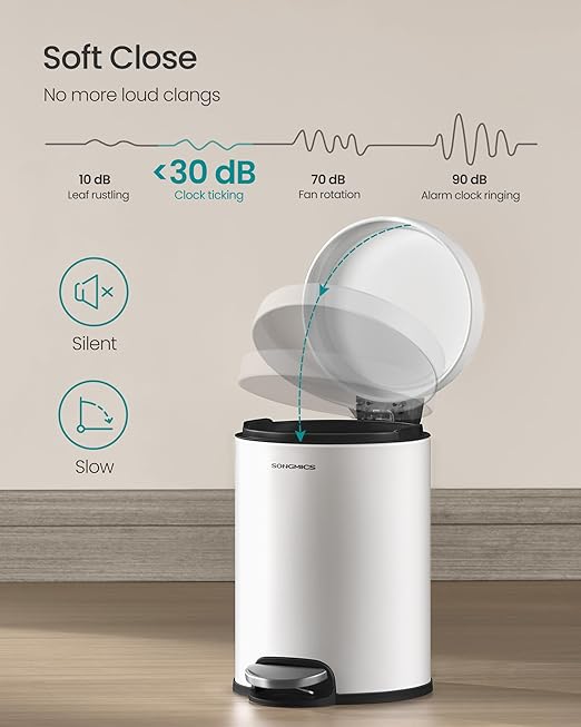 SONGMICS Bathroom Trash Can, 1.6 Gallon (6 L) Small Toilet Garbage Bin with Lid, Soft-Close, Stainless Steel, Pedal, Inner Bucket, Bedroom, Cloud White ULTB016WZ01