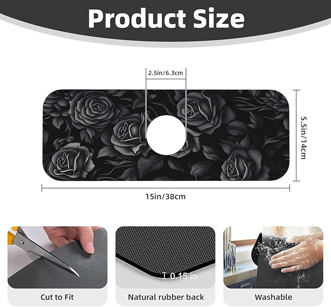 Black Rose Floral 15" X 5.5" Kitchen Sink Splash Guard, Faucet Guard Draining Mat, Faucet Suction Pad For Kitchen Bathroom