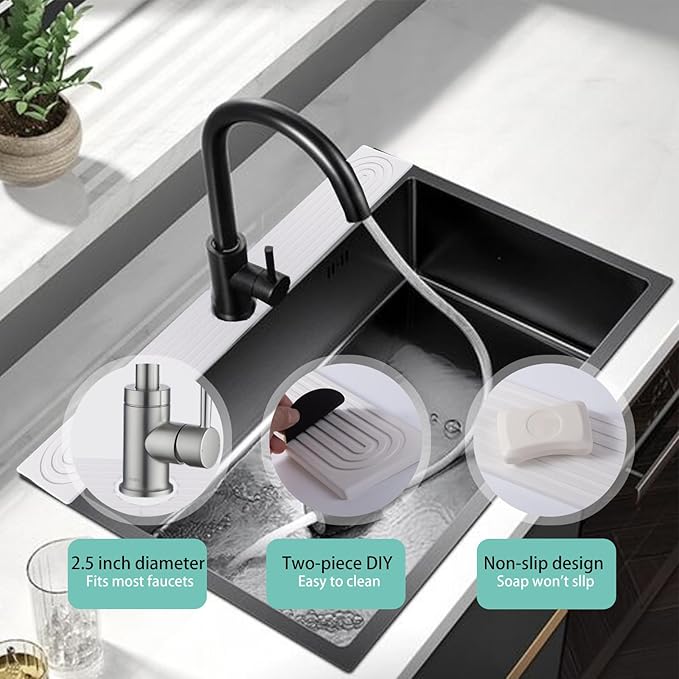 23.6 Inch White Diatomite Faucet Mat, Super Absorbent Stone Tray Fast-Drying Sink Mat, Quick Dry Kitchen Splash Guard for Kitchen Sink/Bathroom Counter