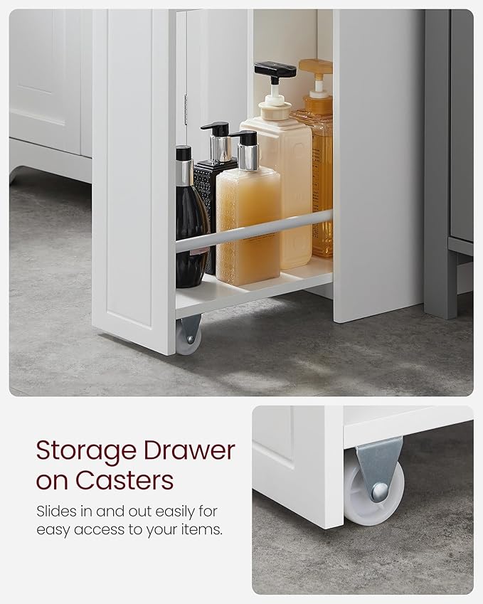 VASAGLE Slim Storage Cabinet, Narrow Storage Organizer with Slide Out Drawers, Freestanding Toilet Paper Holder, Small Space Skinny Cabinet for Bathroom Kitchen Corner, Cloud White UBBC847P31
