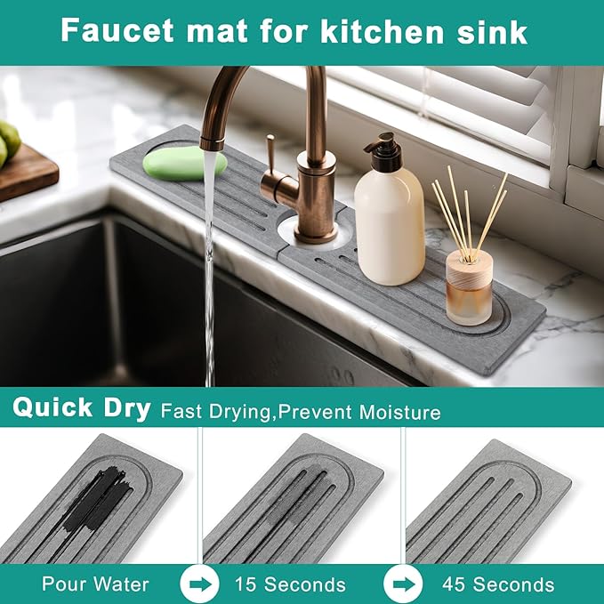 15.7”Drying Stone Faucet Mat for Kitchen Sink-Diatomite Quick Dry Kitchen Sink Splash Guard, Water Absorbent Diatomite Stone Tray,Durable Protector for Bathroom Counter (Grey, 15.7" X 3.9")