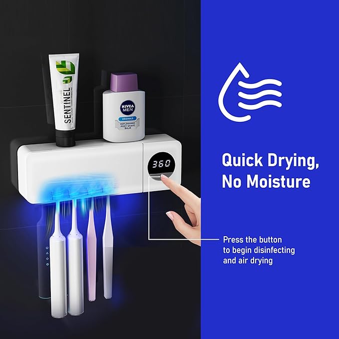 UV Toothbrush UV Light Cleaning Holder - Rechargeable Tooth Brush Smart Cleaner with Light Cleaning Air Drying - Bathroom Wall Mount Holders Cleaning and Drying
