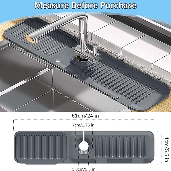 Silicone Sink Splash Guard Mat with Slanted Design,24*5.5 Inch Large Non-Slip Base,Multi-Surface Protector for Kitchen,Bathroom,Laundry,RV,Easy Clean Water Deflector Accessory(darkgray)