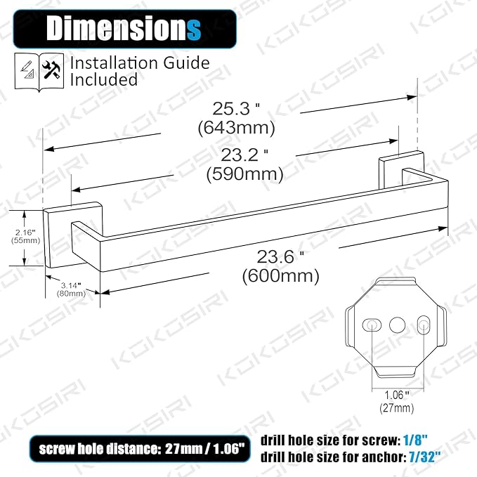 KOKOSIRI 24-Inch Single Towel Bar, Bathroom Kitchen Towel Holder, Wall Mounted Stainless Steel Towel Rack 2 Pack, Brushed Nickel, B4003BR-L24-P2