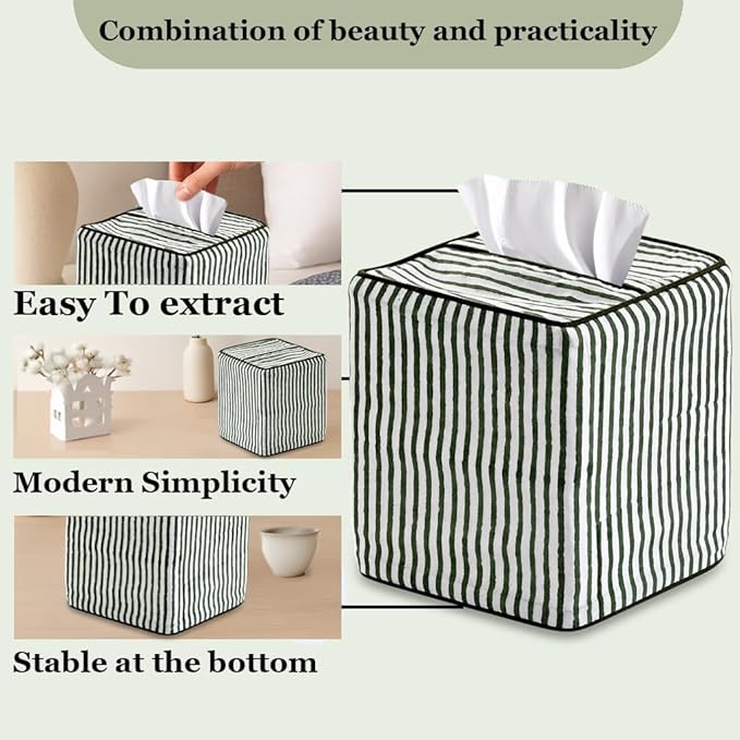 Ridhi Green Stripe Block Print Tissue Box Cover Handmade Cotton Fabric Decorative Square Napkin Holder for Home Bedroom Living Room Bathroom Vanity Countertop Car Night Stands Office Kitchen
