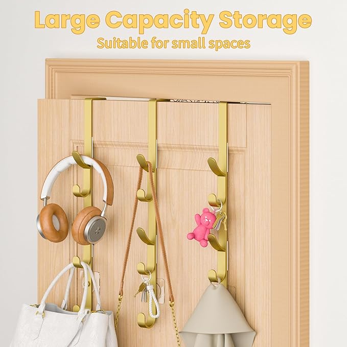 Kaiferty Over The Door Hooks, Metal Door Hooks for Hanging, Over The Door Purse Organizer for Door Coat Hanger, Back of Shower for Hanging Towel Rack Clothes, Hat, Bathroom, Closet (Gold-3Packs)