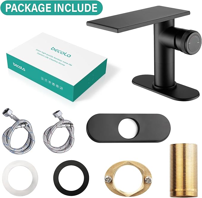 becola Modern Bathroom Sink Faucet，Black Bathroom Faucet，Waterfall Faucet for Bathroom Sink，Single Hole Cold and Hot Vanity Faucet，Single Handle Vessel Sink Faucet with Adjust Knobs and Deck Plate