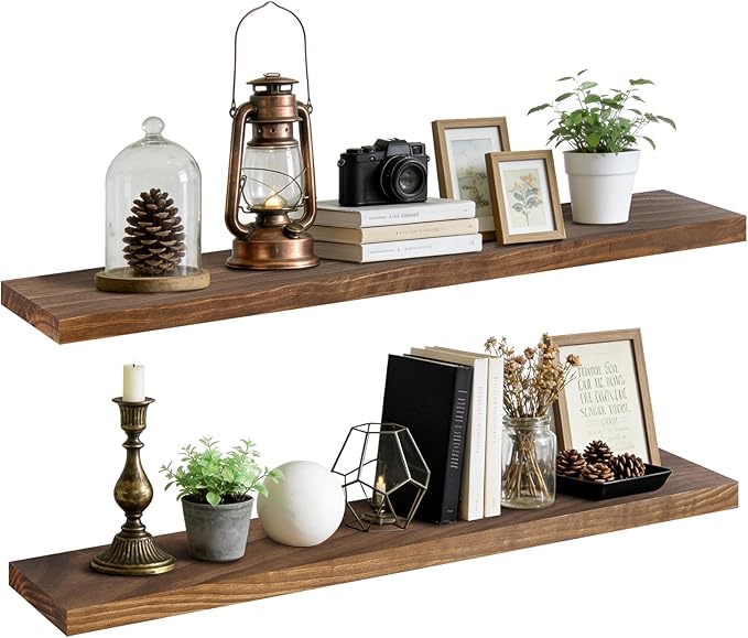 Floating Wall Shelf 48x6.8x1.7 Inch – Solid Wood Shelf in Dark Oak Finish – Extra Long Wall Mounted Rustic Display Shelf for Living Room, Kitchen, Bedroom, Office – Set of 2
