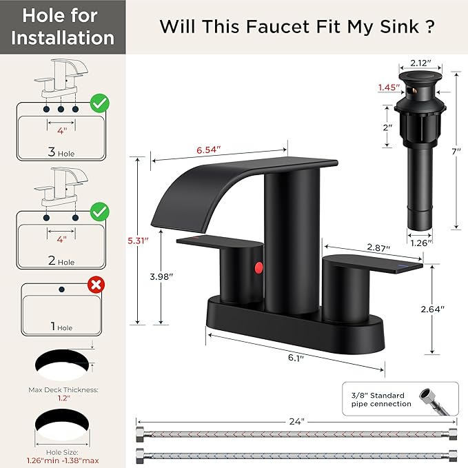 FORIOUS Matte Black Bathroom Faucets, Waterfall 4 Inch Centerset Bathroom Sink Faucet with Metal Pop up Drain and cUPC Hose for Basin, Vanity, RV, Pedestal 2 or 3 Hole Sink, 2 Pack