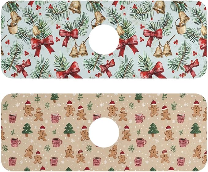 Bows Holly Bell Beige Gingerbread Snowflakes Kitchen Sink Splash Guard Sink Faucet Mat Faucet Handle Drip Catcher Drain Mats for Kitchen Bathroom Countertop Absorbent Dish Drying Pad 2Pack 14