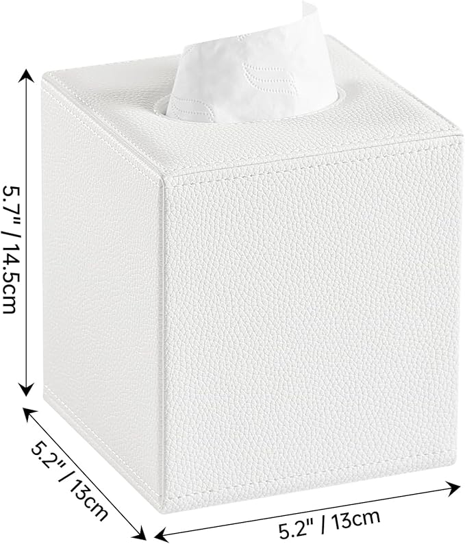 PU Leather Tissue Box Cover Square Tissue Box Holder with Magnetic Closure, Decorative Tissue Holder for Bathroom Bedroom Office (White)