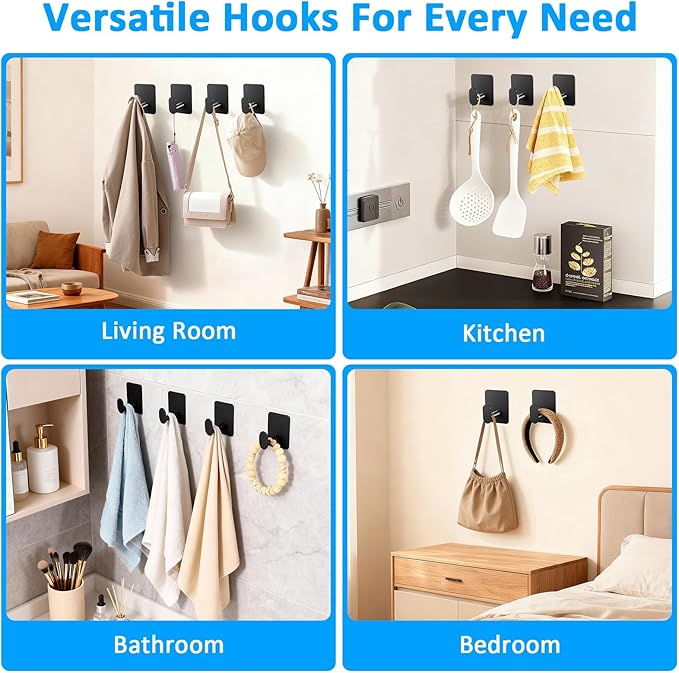 Adhesive Wall Hooks 12 Pcs, Waterproof Matte Black Towel Hooks for Bathroom, Stainless Steel Sticky Hooks for Kitchen Shower with Strong Hold