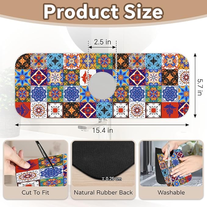 Kitchen Sink Splash Guard Faucet Mat Talavera Mexican Boho 2PCS Absorbent Fast Drying Faucet Guard & Draining Mat Sink Splash Guard Behind Faucet Drip Catcher for Kitchen Bathroom RV (15.4" X 5.7" )