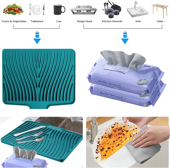 Silicone Dish Drying Mat, Stone Drying Mat for Kitchen Counter with Built-in Drain, Non-Slip 16" X 12" Drying Matt Kitchen Counter and Grey Microfiber Cleaning Cloth, Cleaning Rags Set(Green)