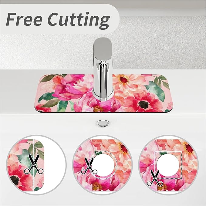 Kitchen Sink Splash Guard，Pink floral watercolor Faucet Mat Sink Gadgets-Super Absorbent Fast Drying Mat Drip Catcher for Kitchen, Bathroom,Sink Mat, Dish Drying Mat, Bathroom(15" X 5.5" )