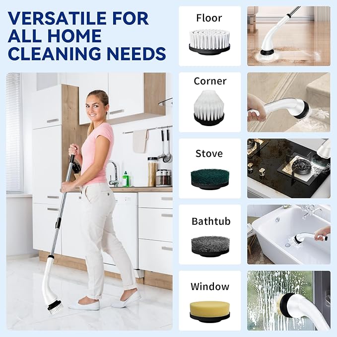 Electric Spin Scrubber,Cordless Bathroom Cleaning Brush with Replaceable Heads & Adjustable Extension Long Handle,Dual Speeds Power Shower Scrubber for Tile,Bathtub,Floor,Kitchen (White)